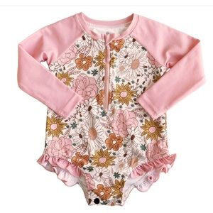 Caden Lane Toddler Boho Floral Long Sleeve Rash Guard UPF 50+ Swimsuit